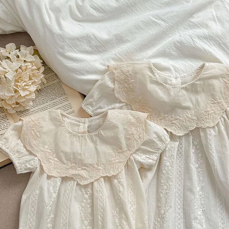 Детское летнее платье с цветочной вышивкой воротником в виде листьев лотоса