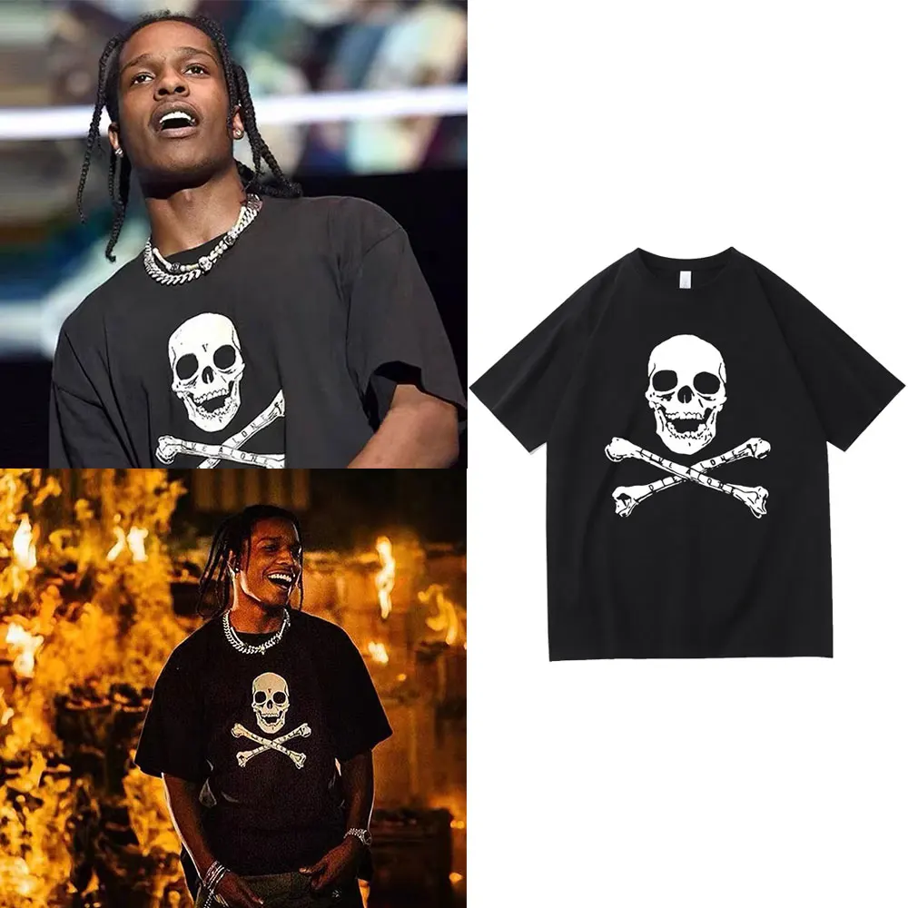 Asap Rocky Same Print T Shirt Skeleton Pattern Tees Men Women Fashion Hip-Hop Vintage Tshirt Men's Black T-Shirt Short Sleeve