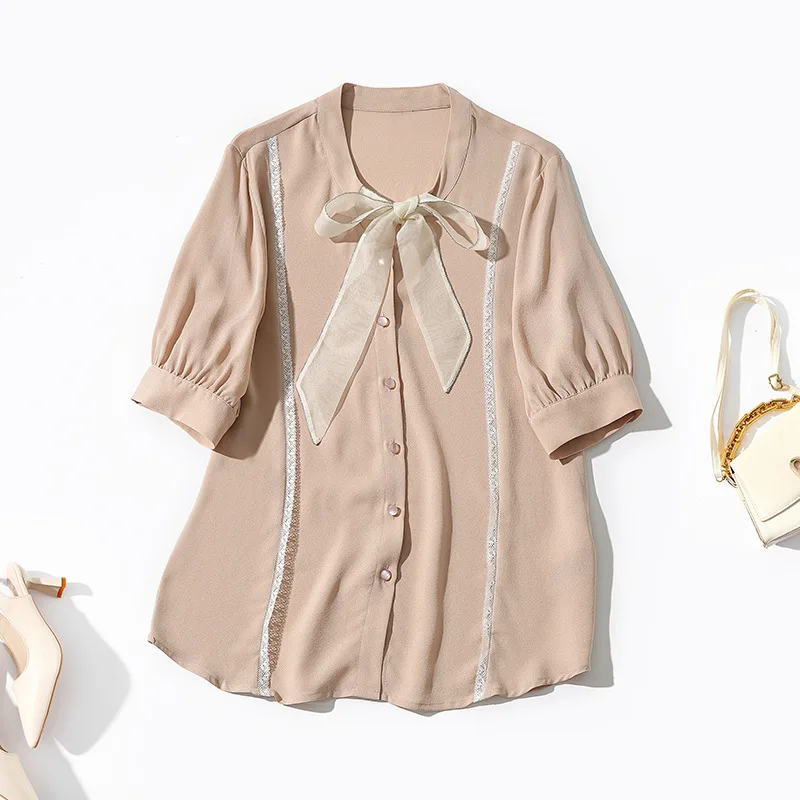 

Silk Shirt Women Summer 2022 New Round Neck Bow Short Sleeves Lace Patchwork Single Breasted Elegant Top Female S-XL