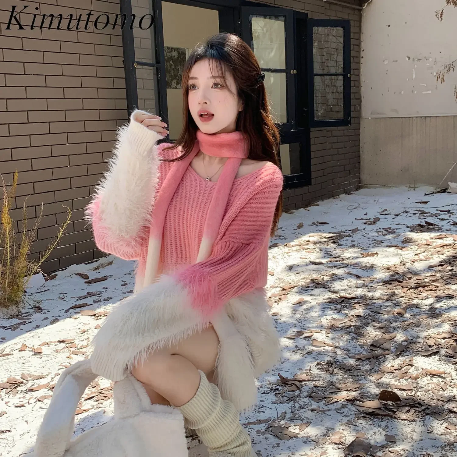 Kimutomo градиентный цвет большой свитер женский с v-образным вырезом из норки
