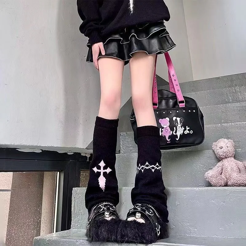 New Knit Cross Leg Warmers Y2k Chain Leg socks Japanese Punk Hot Girl Dark Women Harajuku Gothic Cable Socks Cosplay Accessories