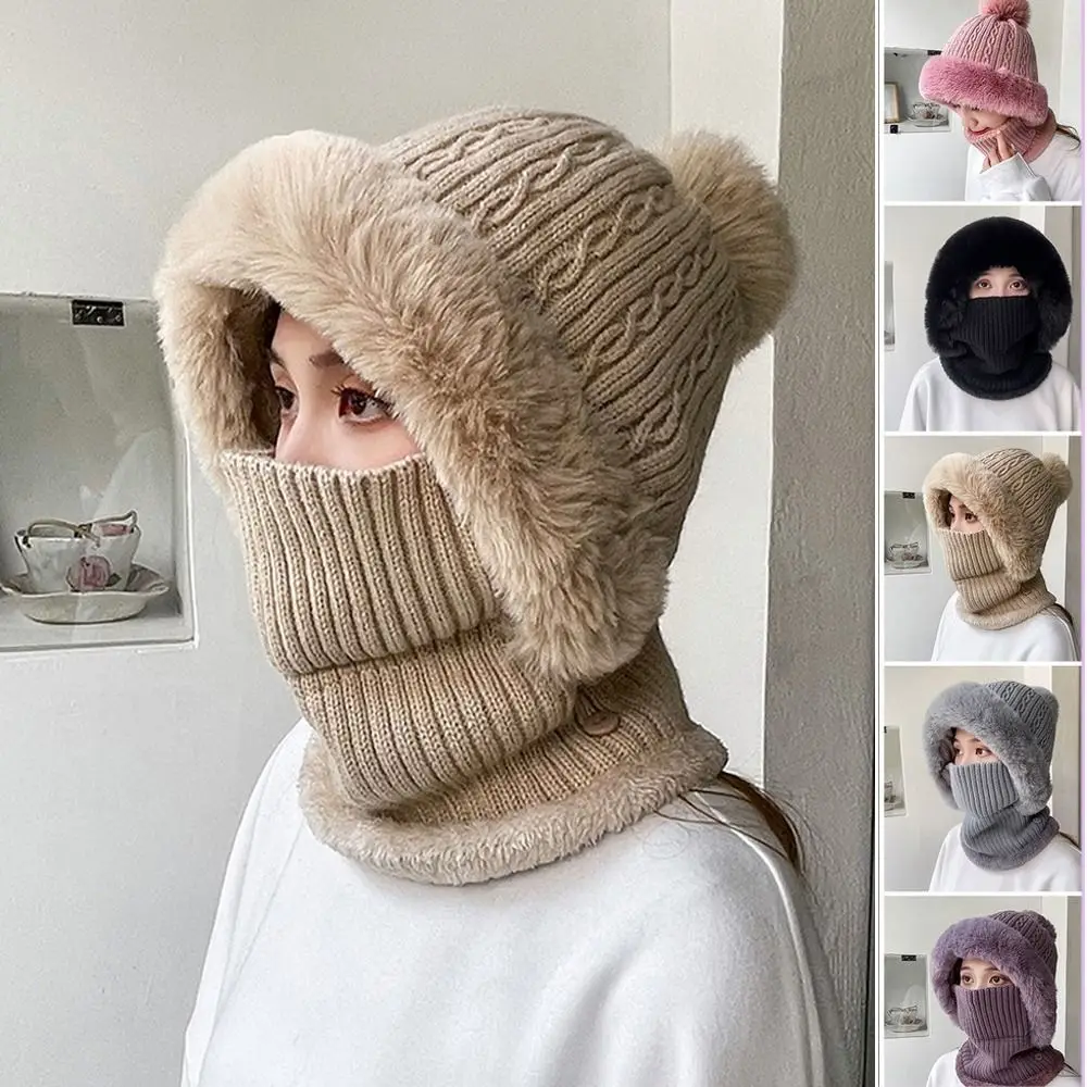 

Warmer Knitted Hat Casual Plush Multipurpose Ears Protection Cap Winter Face Cover Neck Caps Women
