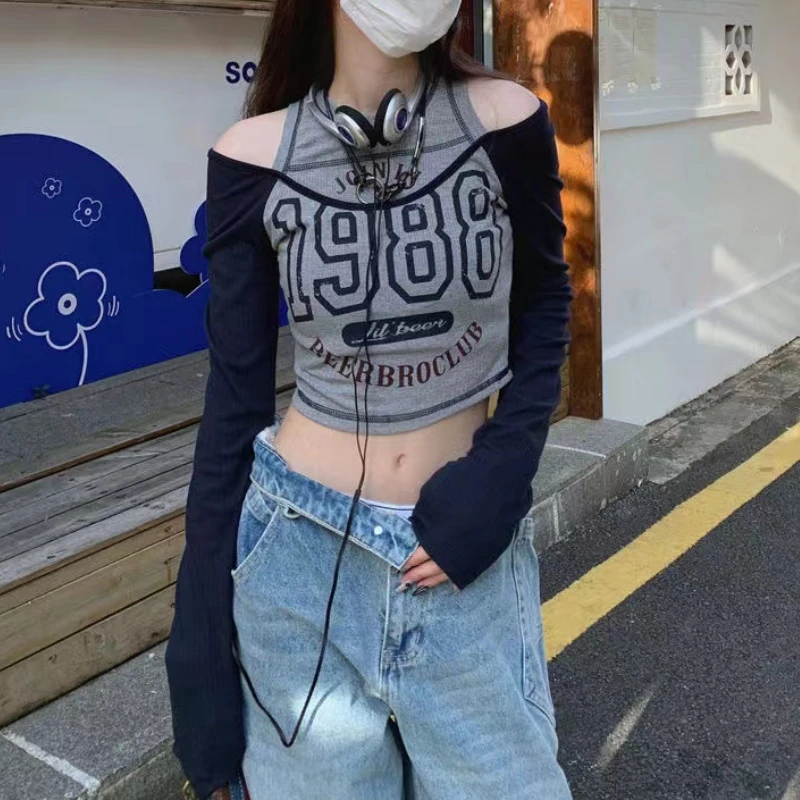 

Fake Two-piece Crop Top Shoulder Cut out Cyber Y2k Streetwear Women Sexy Retro Letter T Shirt grunge clothes Korean Fashion Tees