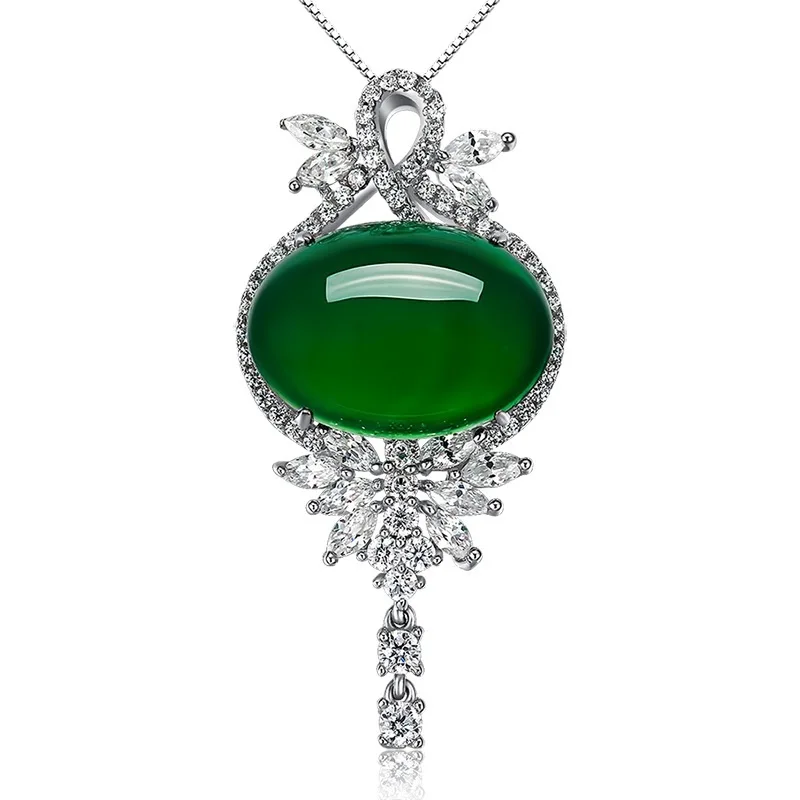 

Natural Emerald Pendant For Women 925 Sterling Silver Color Jade Necklace Green Chalcedony Crystal Agate clavicle Pendant