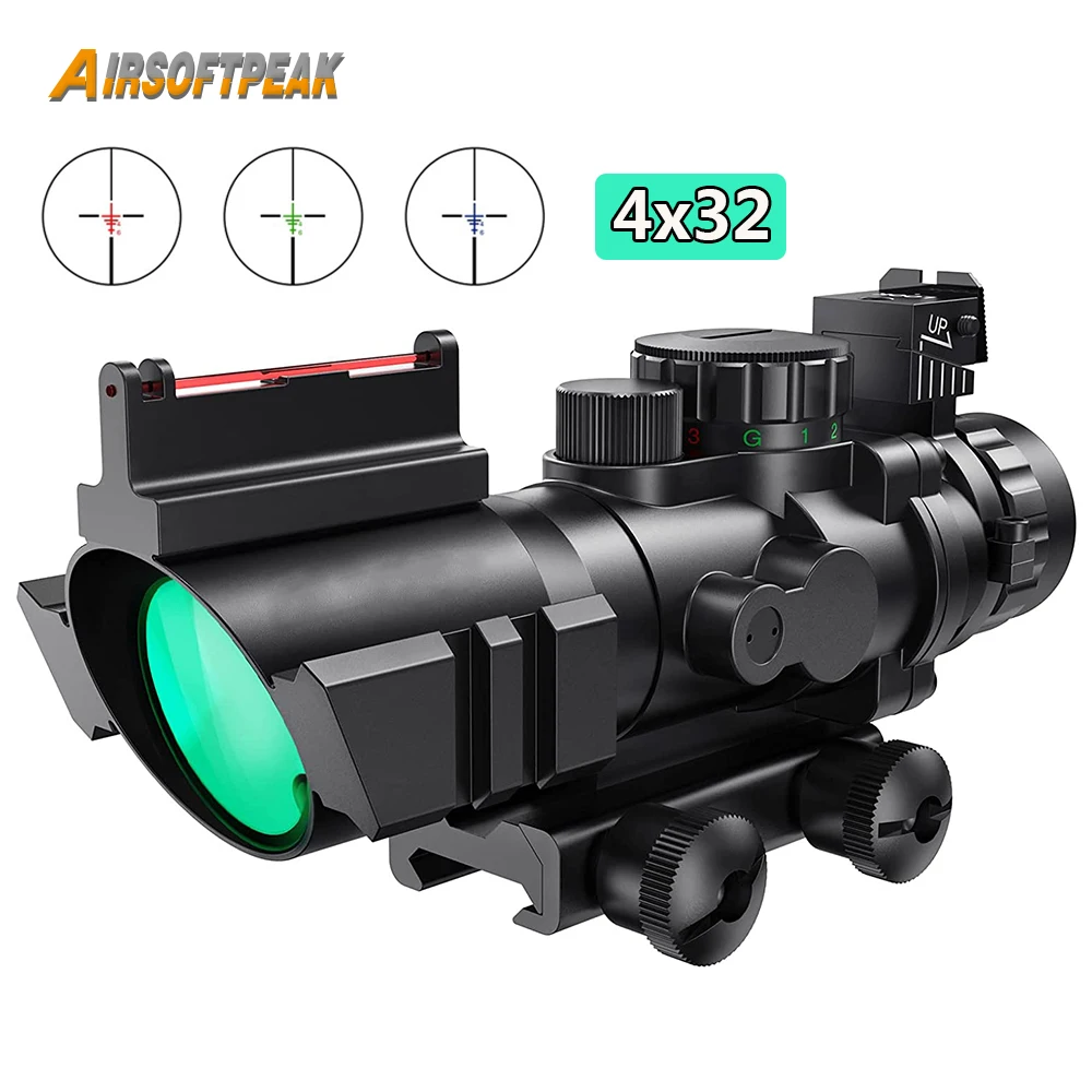 4x32mm Tactical Prism Riflescope Etched Reticle Red Green Blue Illuminated Hunting Scope with Top Fiber Optic Sight Rifle Scope