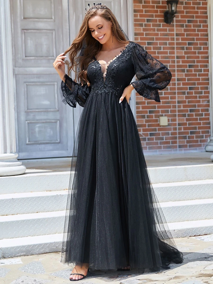 

Elegant Bridesmaid Dress Floor Length Lace V-Neck A Line Long Puff Sleeves Ever Pretty 2022 Wedding Dresses Vestidos De Gala