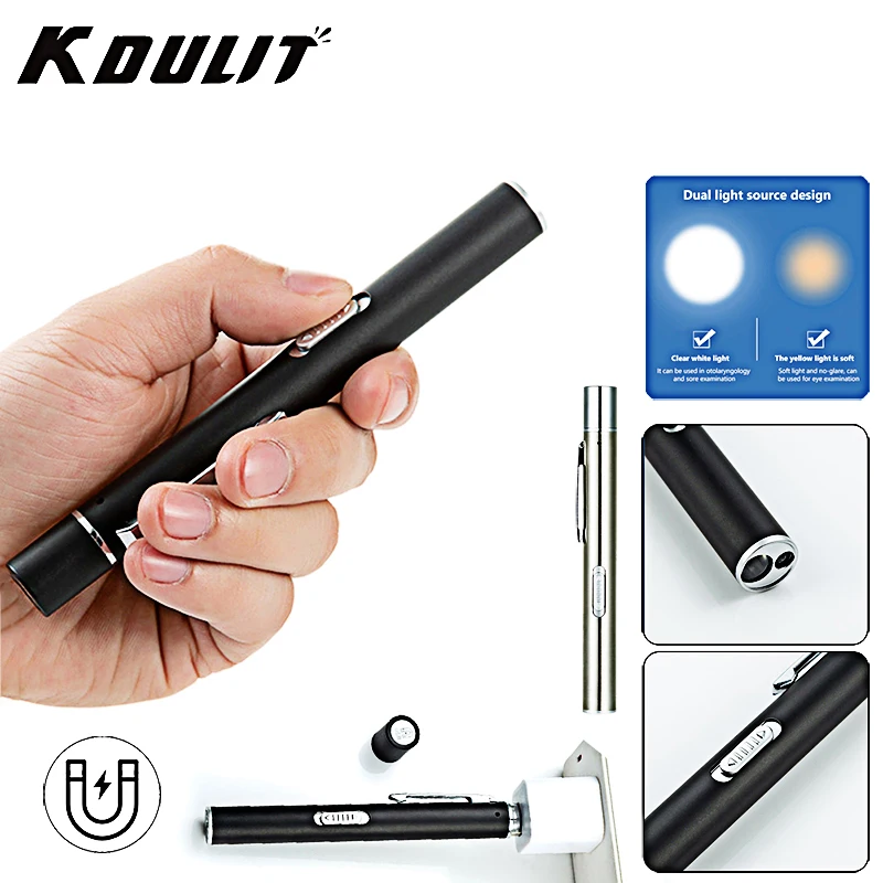 

KDULIT LED Mini Flashlight USB Rechargeable Stainless Steel 2 Modes Clip Pen Light Portable Lamp Inspection for dentist Camping
