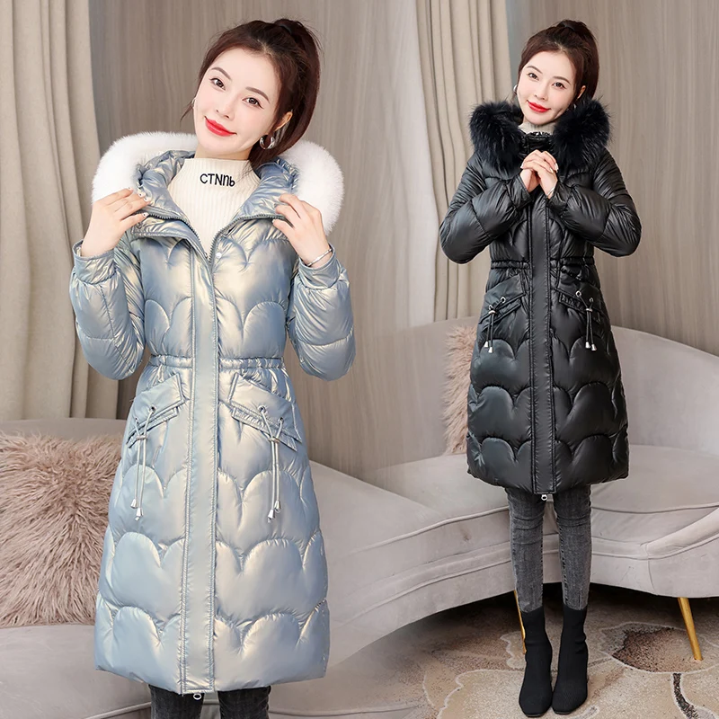 Winter Jacket Down Parka Women New Fashion Hooded Big Fur Collar Cotton Padded Jackets Thick Warm Glossy Long Waterproof Coat