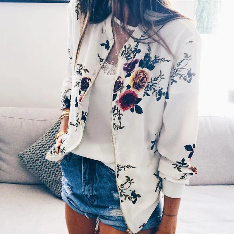 

Women Retro Floral Jackets Printed Long Sleeve Zipper Up Bomber Outwear Ladies Spring Slim Casual Pocket Short Biker Coats