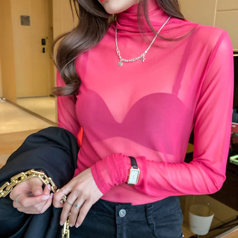 

Summer Girls Colorful Mesh T-Shirts Tees Female Transparent Long Sleeve Turtleneck Thin Tshirt Tops Women Spring Fall 2022