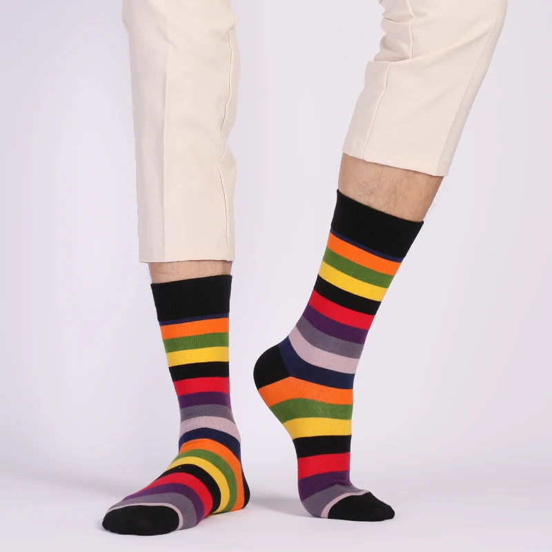 2023 New 5 Pairs Large Size Men Dress Socks High Quality Stripe Fashion Business Black Pure Men Cotton Socks Size EU41-48
