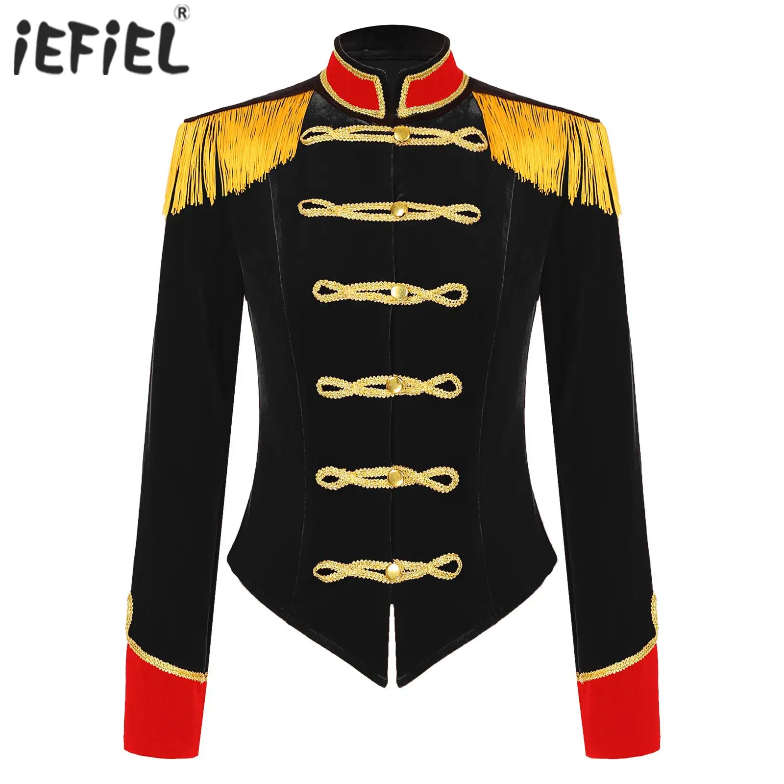 

Womens Circus Ringmaster Costume Halloween Theme Party Cosplay Costume Stand Collar Fringed Shoulder Board Velvet Jacket Coat