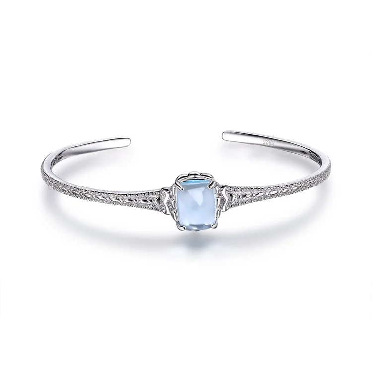 

Natural Sky Blue Topaz Gemstone S925 Sterling Silver Open Bangle Bracelet Women Fine Jewelry Accessories For Girlfriend Mom Gift