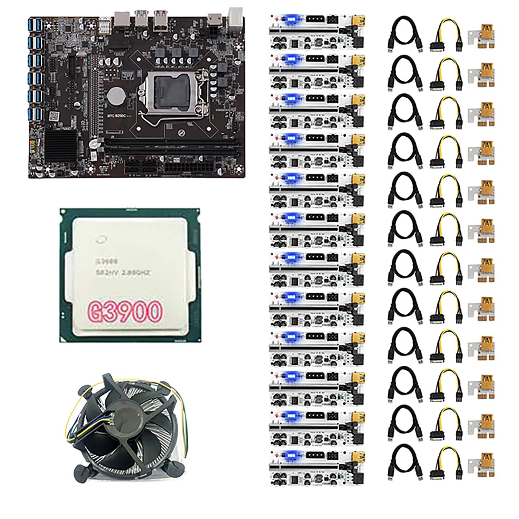 

Материнская плата для майнинга B250C BTC с 12XVER010-X PCIE, карта расширения + процессор G3900 + вентилятор охлаждения 12 PCIE на USB3.0 LGA1151 DDR4 DIMM