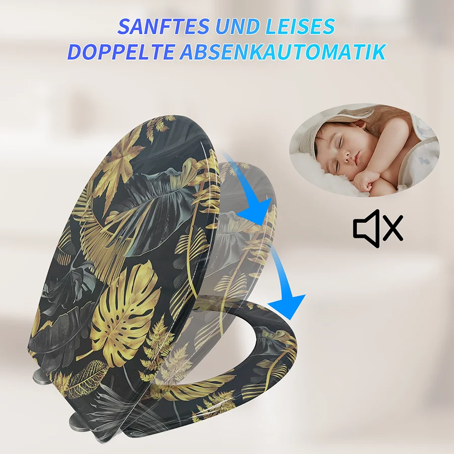 Удлиненное сиденье для унитаза Gold Leaf с крышкой Декоративное бесшумными