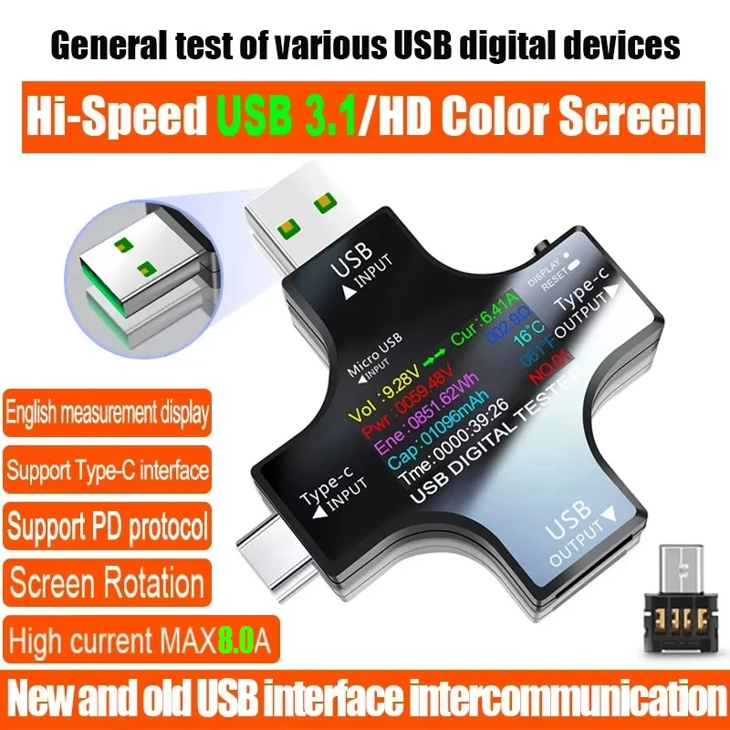 USB-тестер DC Type-C PD Цифровой вольтметр Ампер-напряжение Монитор тока Амперметр Детектор Power Bank Зарядное устройство Измеритель емкости 8,0A (art.: 3920d1a7ff2ae) - 3920d1a7ff2ae