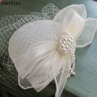 janevini elegant white wedding hat with hair pins and clips pearl bow mesh face veil bridal hats party cocktail hair accessories