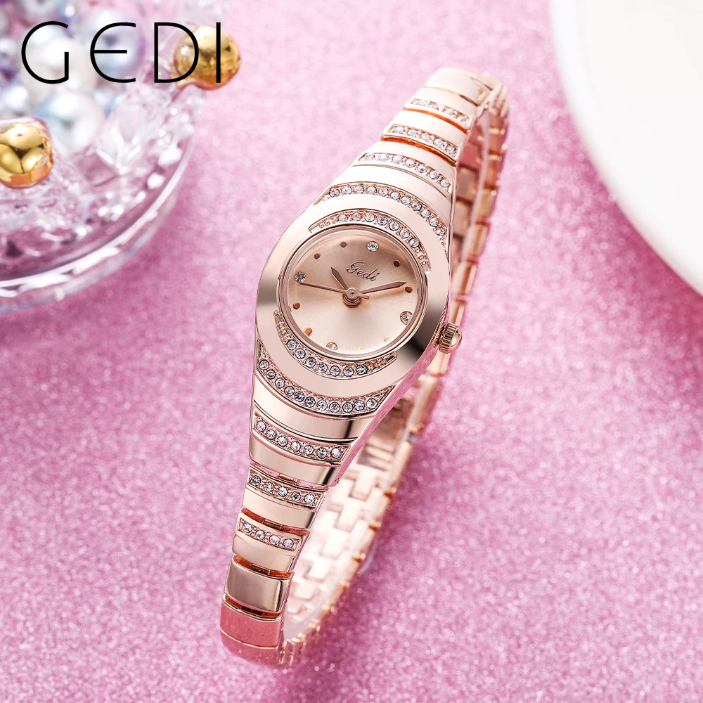 GEDI Ladies Wrist Watches Dress Rose Gold Watch Women Crystal Diamond Watches Stainless Steel Clock Women Montre Femme 2023 New