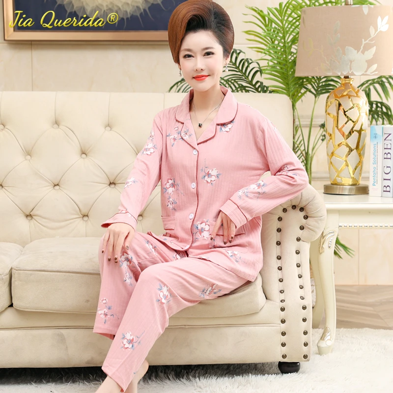 

New Spring Autumn Fashion Pajamas for Women Soft Cotton Pink Long Sleeve Long Pants Woman Sleepwear Floral Leisure Homesuit