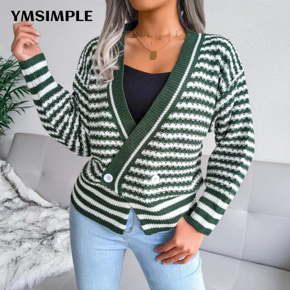

Autumn Winter Vintage V-neck Double Breasted Cardigan Coat 2022 Casual Female Long Sleeve Striped Knitted Sweater Y2K Chic Tops