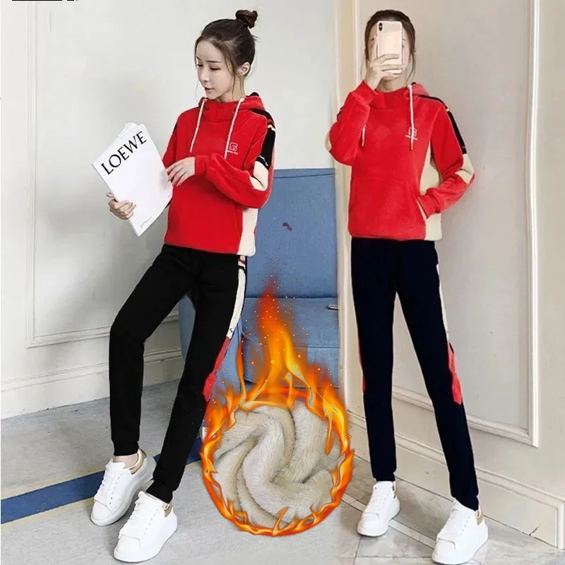 

Hooded Patchwork Tops Tracksuit Winter Plush Lined 2 Pieces Sets High Waist Baggy Harem Pants Suits Thick Warm Jogger Conjuntos