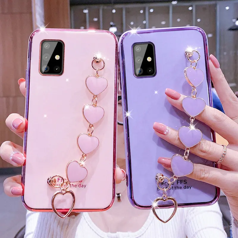 For Samsung Galaxy A32 A21S A12 A22 A11 A31 A51 A71 A52 A72 A20 A50 A70 A02S A03S Luxury Plating Love Bracelet Wrist Strap Cover