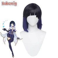 bubuwig synthetic hair genshin impact yelan cosplay wig 35cm medium long straight mixed color blue gradient wigs heat resistant