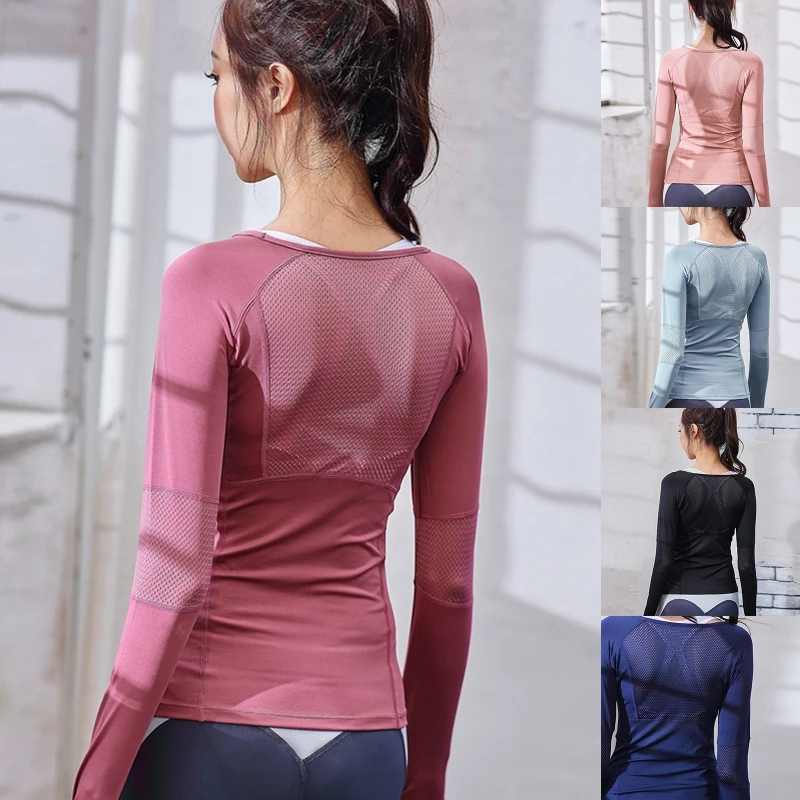 

Women Yoga T-shirts Solid Color Sport Wear Tops Long Sleeve Running Shirts Sexy Quick Drying Fitness Gym Fitness Shirts