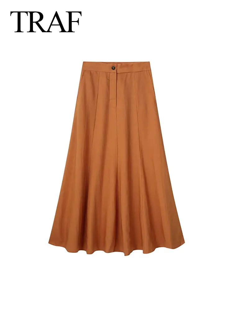 

TRAF Retro High Waist Orange Positive Zipper Women's Skirts Women's Summer Fashion Cotton Linen Mid-Length Pleated Skirt