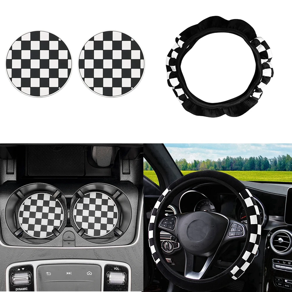 

Lattice Leather Steering Wheel Cover, with 2Pcs Car Coasters, Non-Slip and Comfortable Unisex Steering Wheel Cover 15 inch