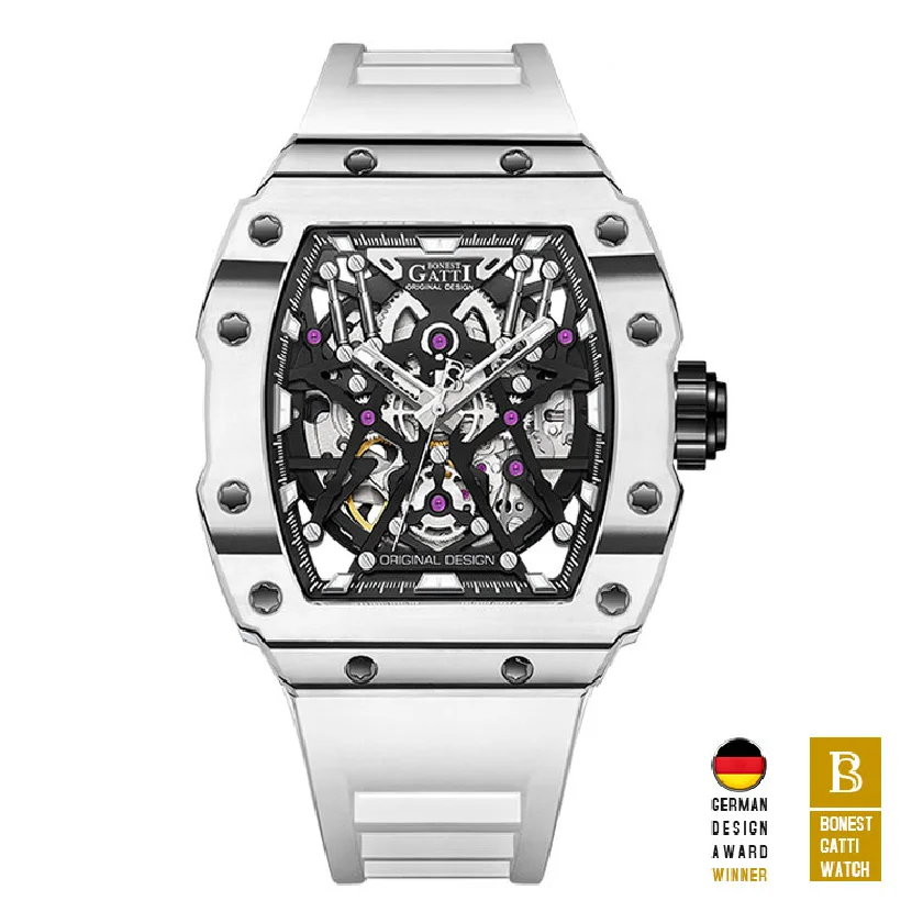 

BONEST GATTI Men Automatic Watch Luxury Tonneau Mechanical Wristwatch Luminous Carbon Fiber Bezel Titanium Case Sapphire Rubber