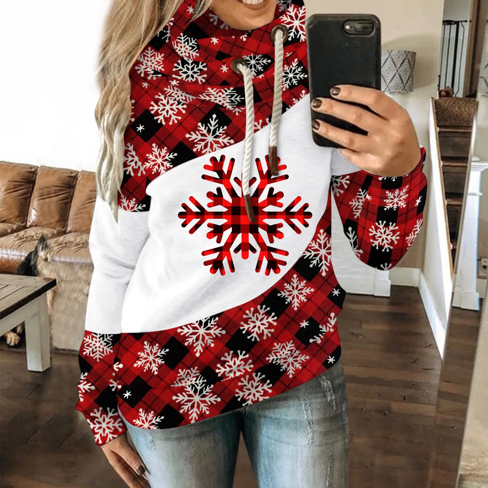 

Women Christmas Print Contrast Splice Long Sleeve Hoodie Zip up Hoodies for Women Lightweight Women Pullover Hoodie Sweatshirt