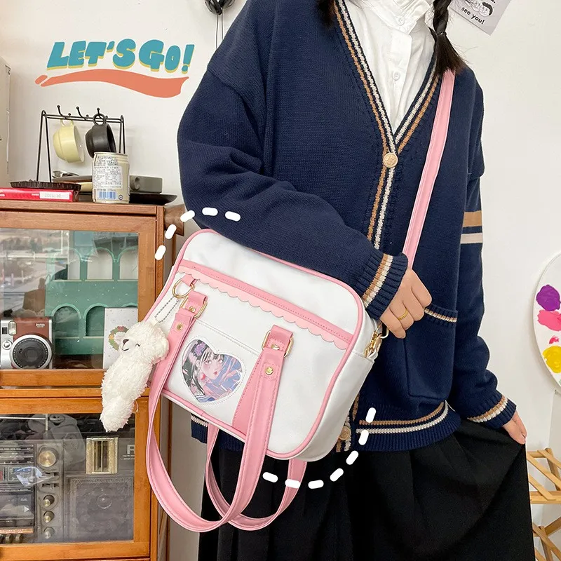 

Япония Harajuku Kawaii сумка на плечо Женская Jk кружевная женская сумка с рюшами в стиле Лолиты прозрачная ручная сумка с сердцем без плюшевой Подв...