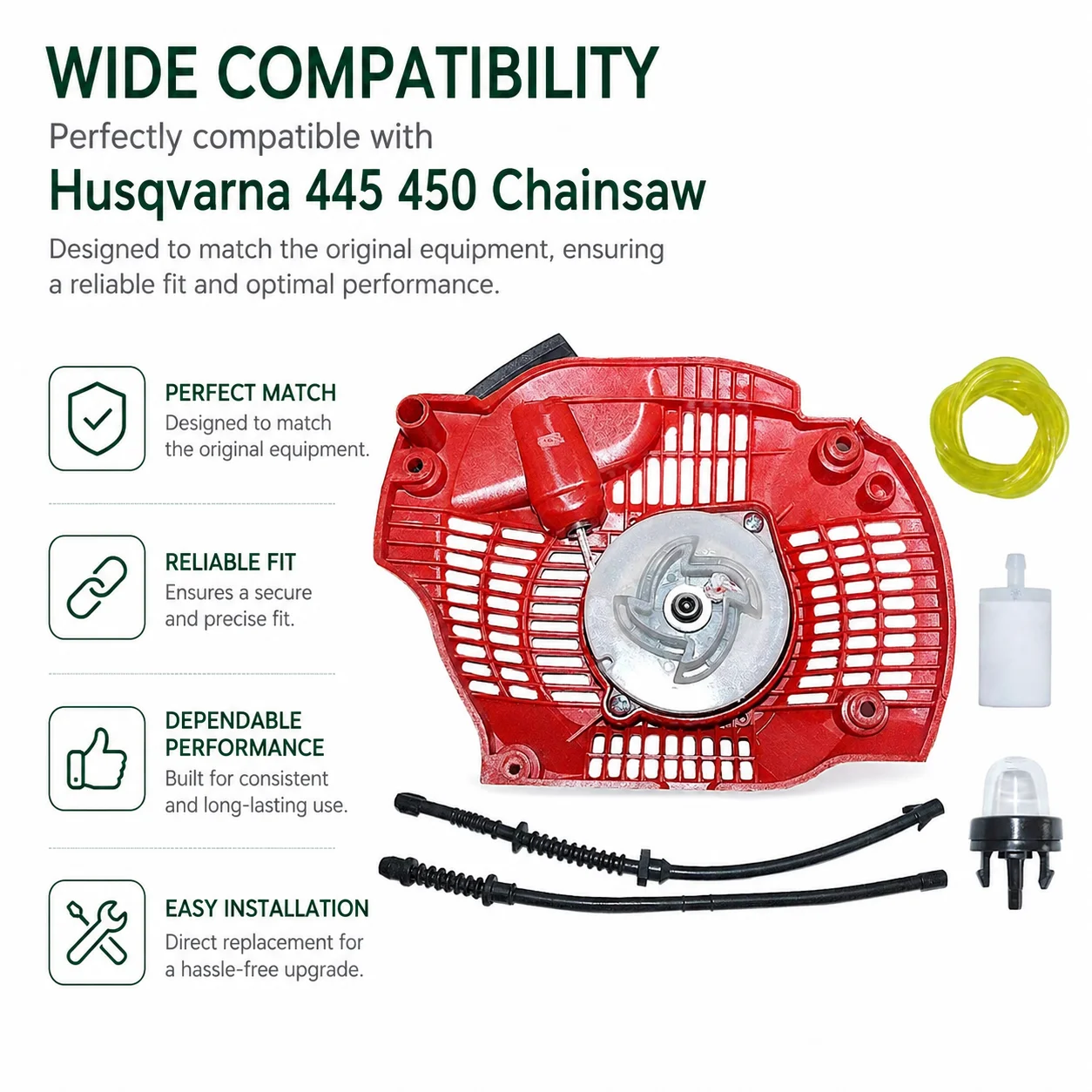 Фото Комплект для обслуживания бензопилы Husqvarna 445 450: пусковой механизм, топливный фильтр, шланг, приварная груша, комплект для настройки (артикулы 544071604, 544128601, 577535101) №3