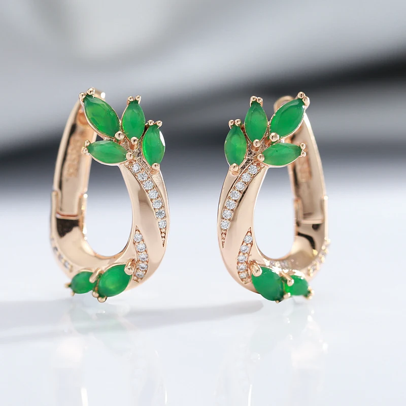 

Luxury Prong Inlay Green Zircon Hoop Earrings For Women 585 Rose Gold Glossy Unusual Clip Earrings Party Daily Fashion Jewelry