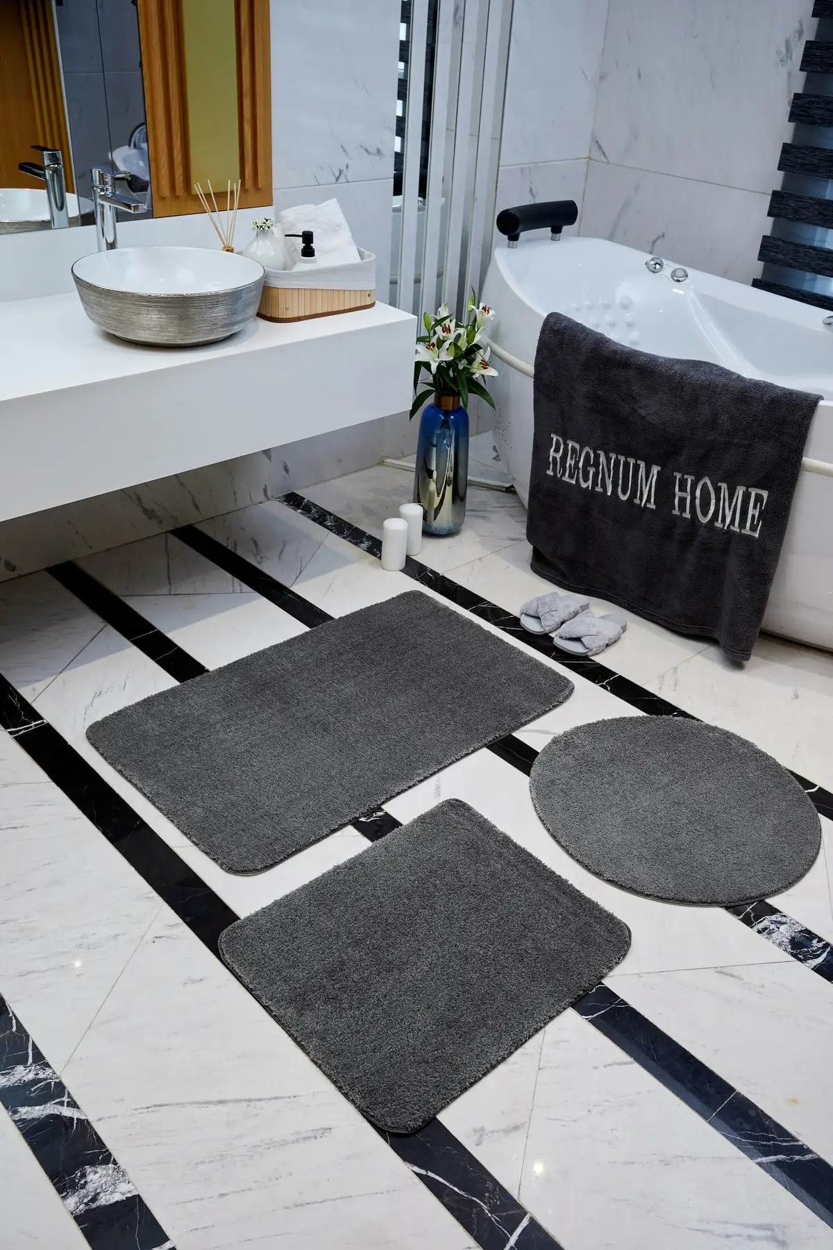 

Bathroom Mat Triple Set Anthracite Color Plush Non-Slip Base Washable 60x100 - 60x40 60x60 One-piece Acrylic 50x60