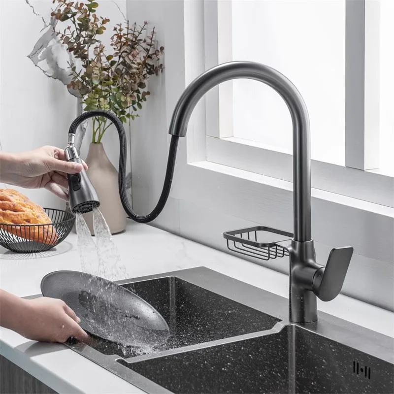 Серебристый кухонный смеситель для горячей и холодной воды выдвижной поворотный