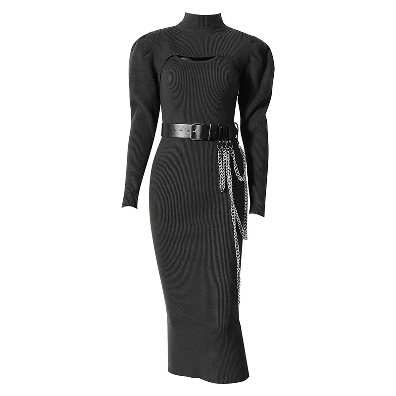 

Minority design knitted two-piece set autumn new lace up waist shows thin buttock temperament celebrity dress