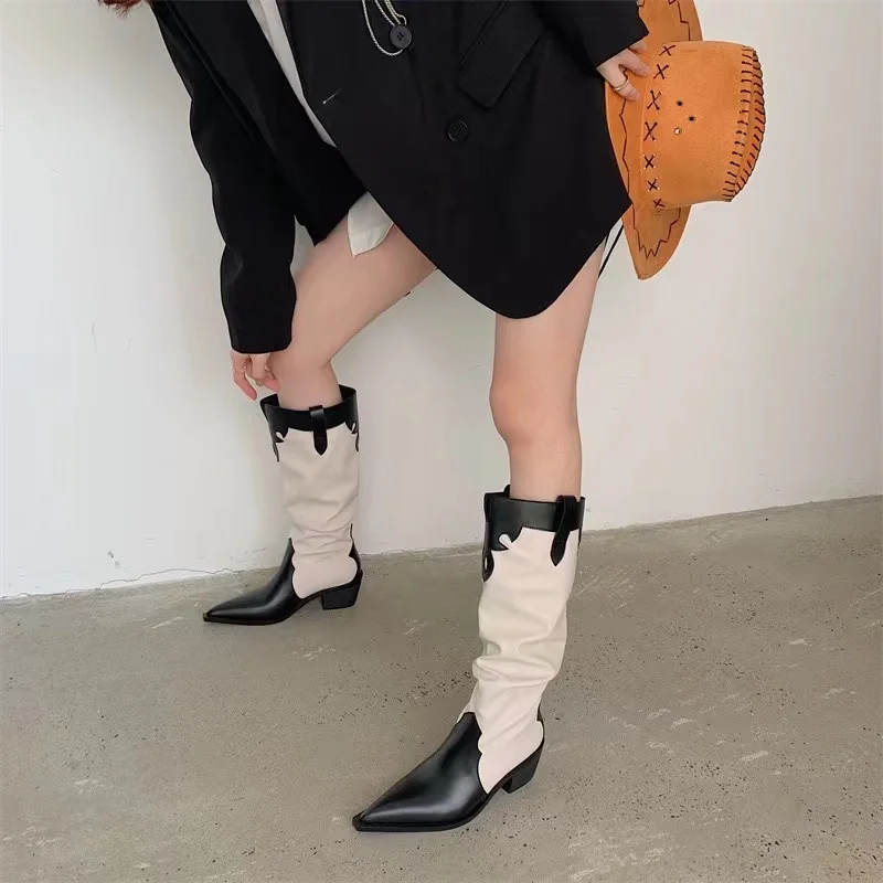 

Женские джинсовые сапоги, обувь из искусственной кожи с острым носком, до колена, на толстом каблуке, удобные Прогулочные сапоги для женщин, 2023