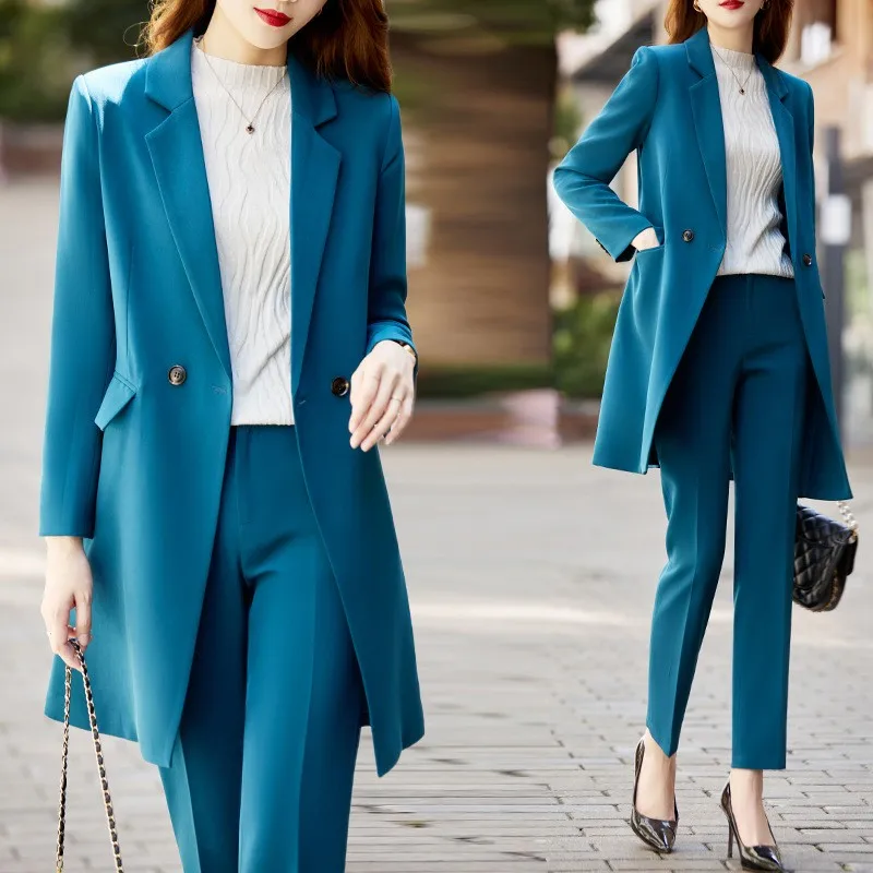 2022 Autumn Formal Ladies Fuchsia Long Blazer Women Business Suits with Sets Work Wear Office Uniform  Large Size Pants Jacket