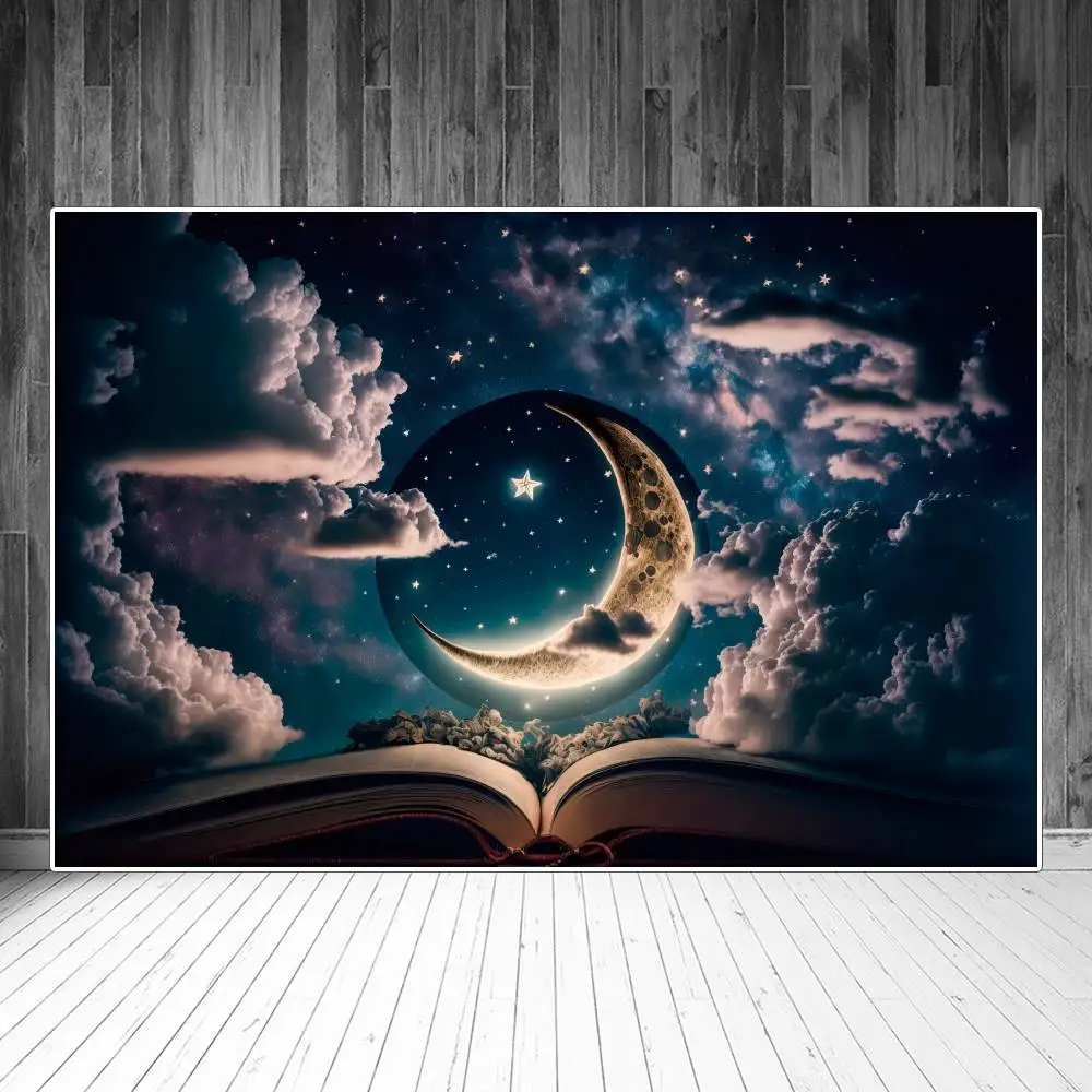 

Opened Magic Book Photography Backdrops Party Decoration Clouds Night Crescent Stars Personalized Baby Photobooth Backgrounds