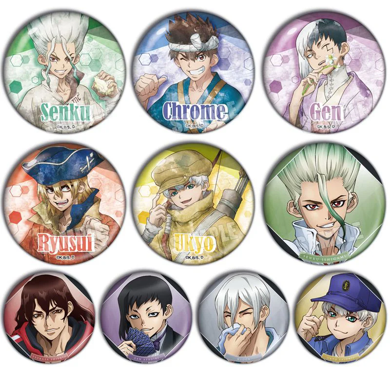 

10pcs Anime Badge Dr.STONE Ishigami Senku Asagiri Gen Pin Broooh Button