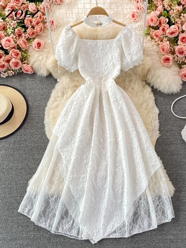 

ZQLZ Dress Spring Summer 2022 New Solid Simple Vintage Square Collar Sweet White A-line Short Sleeve Hook Flowers Dresses Chic