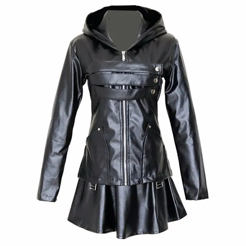 

Костюм для косплея Touka Kirishima, полный комплект, черное кожаное платье с капюшоном