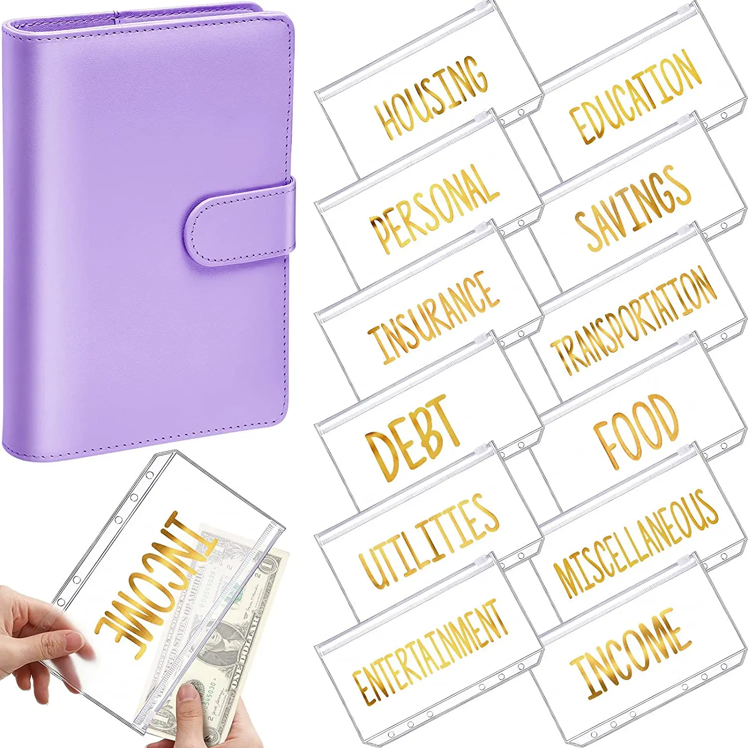 

A6 PU Leather Notebook Binder Budget Organizer Cash Envelopes Personal Wallet with 12 Binder Pocket Folders for Bill Planner