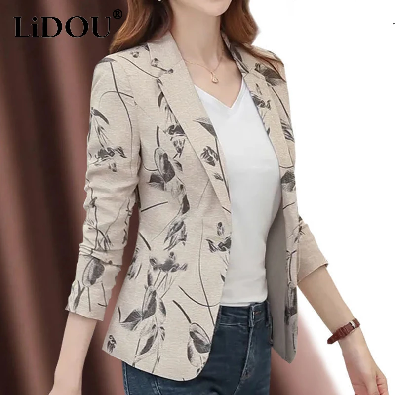 

Spring Autumn Vintage Printed Button Slim Fit Casual Blazer Women Clothing Elegant Fashion Long Sleeve Suit Coat Female Jacket