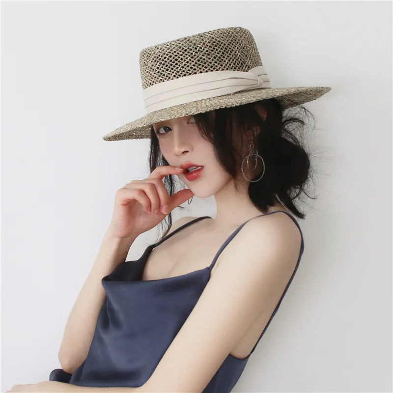 

Шляпа женская Соломенная, Пляжная Панама ручной работы, модная, вогнутая, плоская, с козырьком от солнца, лето 2022