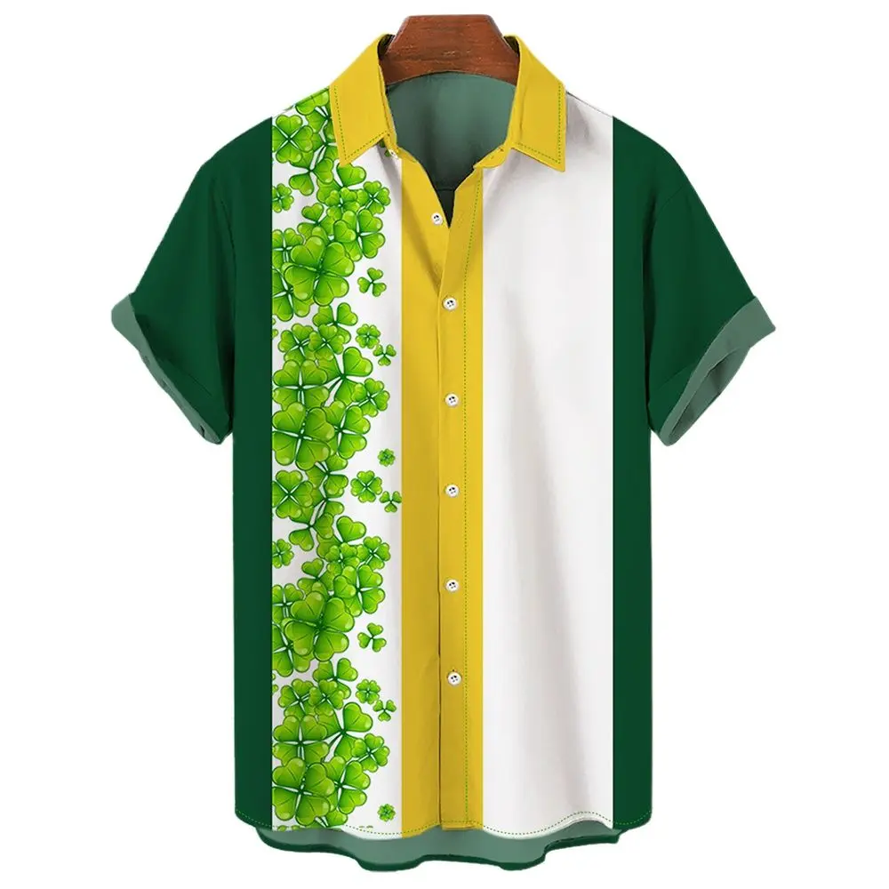 

Men's Hawaiian Shirt Three Leaf Clover 3D Print Casual Button Down Beach Holiday Loose Aloha Short Sleeve Shirts EU Size S-5XL