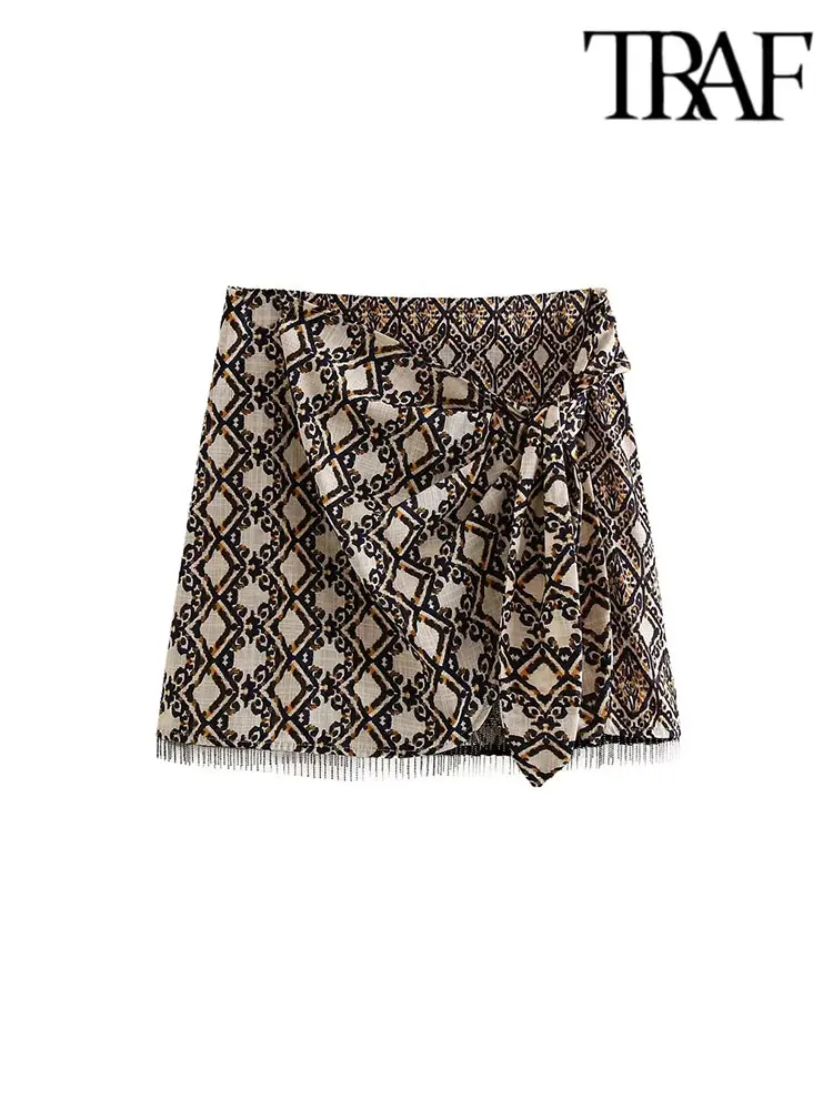 

TRAF Summer Linen With Tassels Women Printed Skirt Bow Tied Side Asymmetric High Waist Vintage Female Mini Skirt