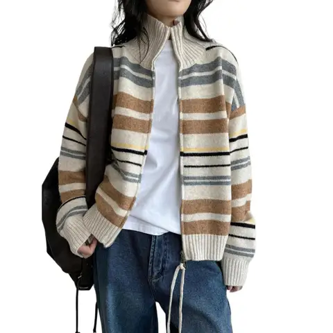 2024, женский полосатый вязаный свитер с воротником-стойкой, кашемировые кардиганы с длинными рукавами, одежда, топы для женщин, свитер Pull Femme